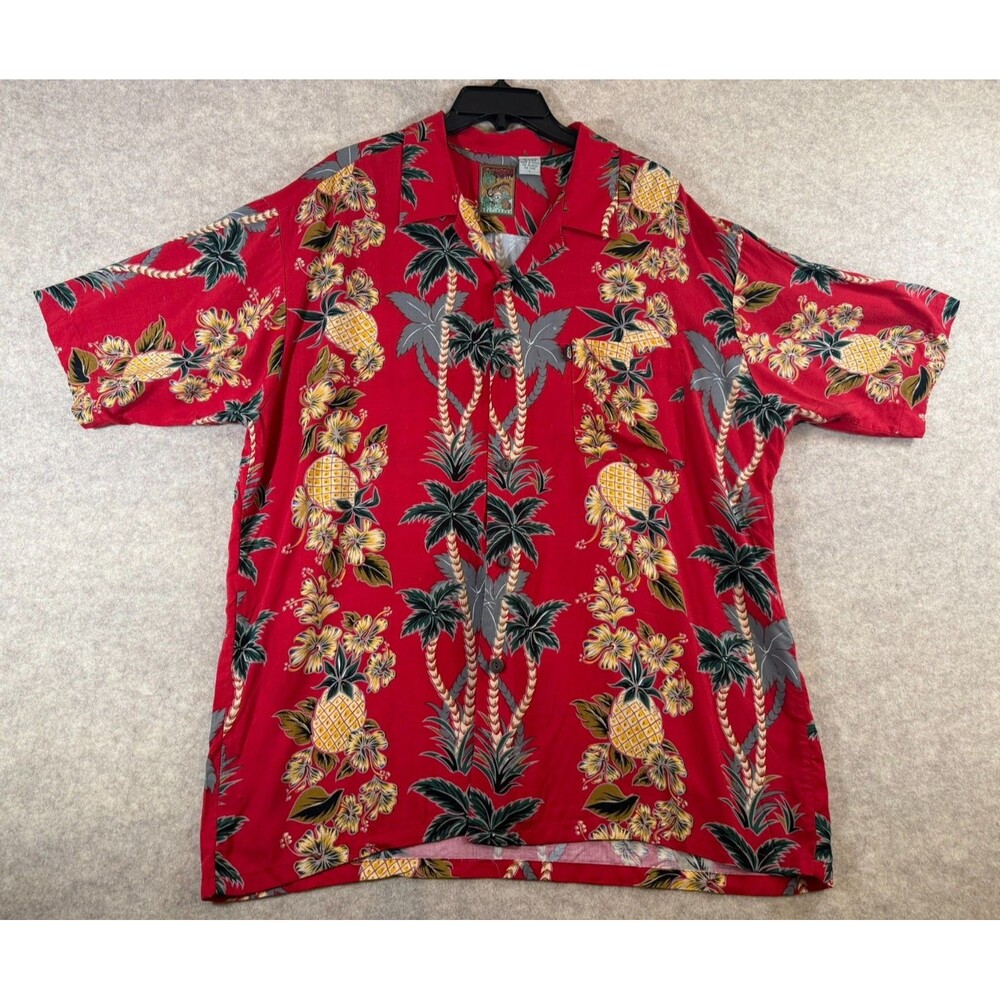 Pineapple Connection Hawaiian Shirt Large Red Rayon Tropical Palm Tree Pineapple